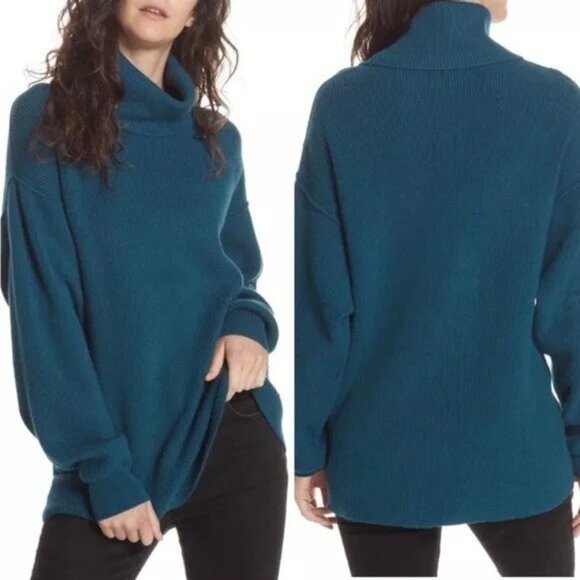 Free People Sweaters - Free People Softly Structured Tunic Sweater Solid Deep Jade Blue No Size Tag